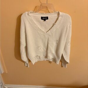 SER.OY.A White Distressed Cropped V-Neck Sweater